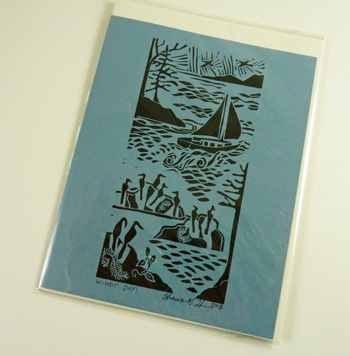 SHAW-WC Artist Linoleum Block Print Card, "Windy Day" - Click Image to Close